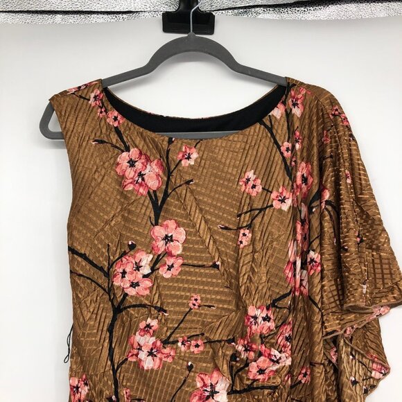Le Chateau Bronze Floral Cherry Blossom Asymmetrical Draped Midi Dress size S - Picture 4 of 15